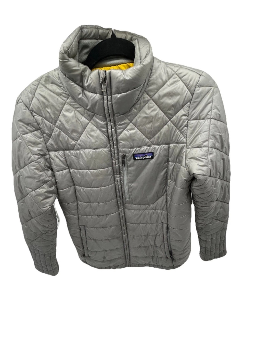 Patagonia Silver Quilted Puffer Jacket with Yellow Trim